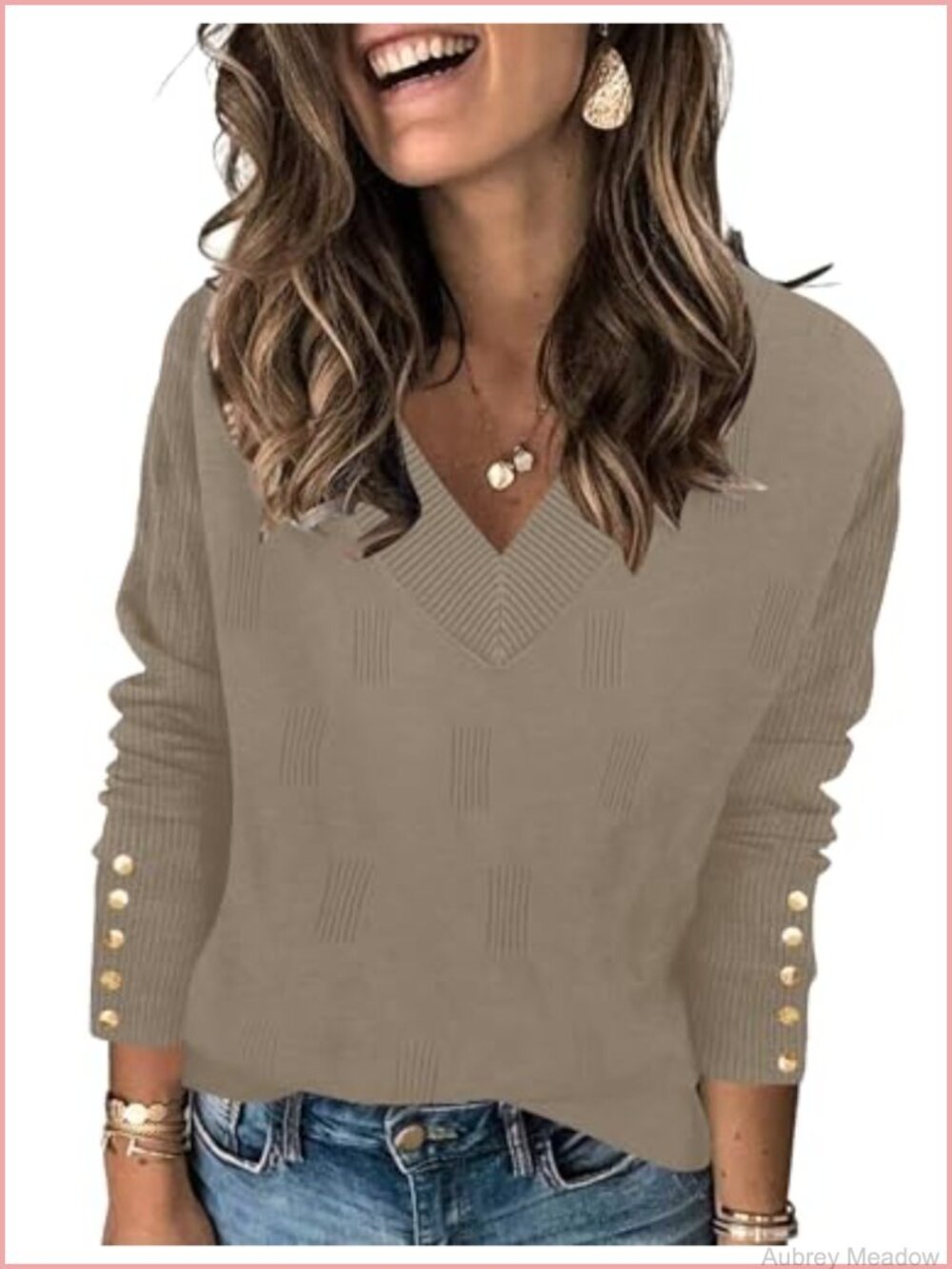 V Neck Women's Pullover Sweater Long Sleeve Knit Top Decorative Buttons Viscose